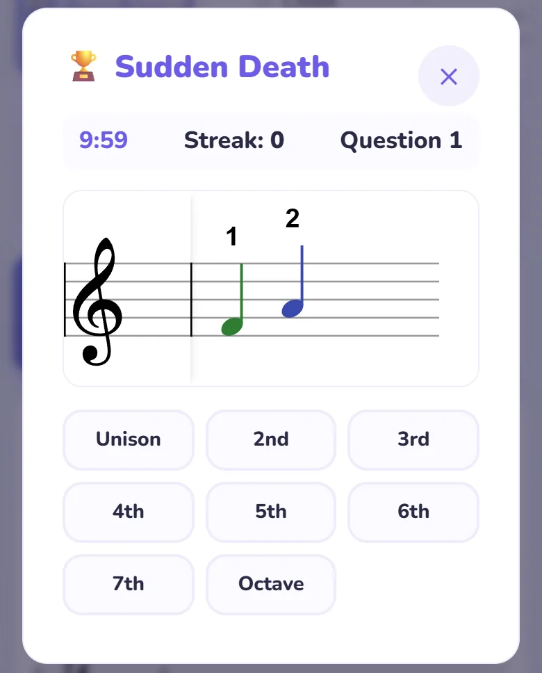A Sudden Death run in progress: 9:59 on the clock, streak 0, question 1, an interval on the staff and answer buttons below.