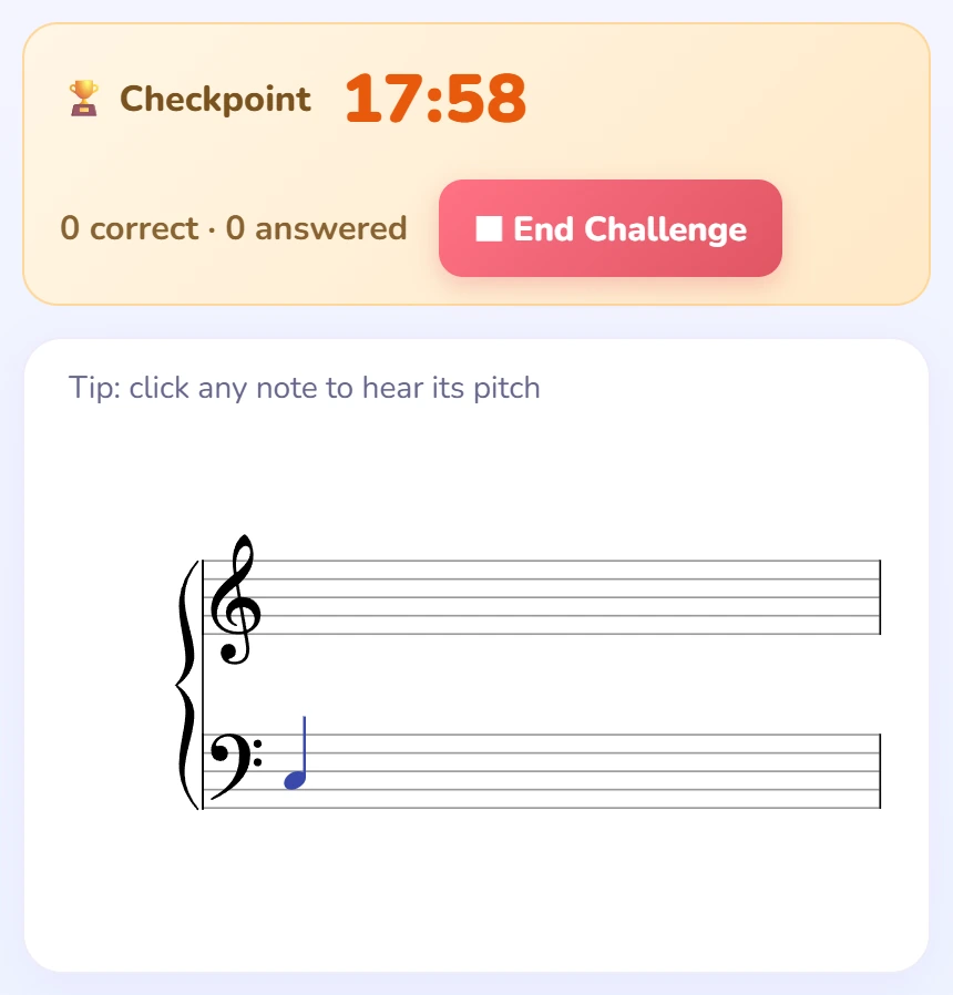 A Checkpoint under way: the orange Checkpoint banner with 17:58 on the clock and 0 correct, 0 answered, above a grand staff with the first Guide Notes question in blue.