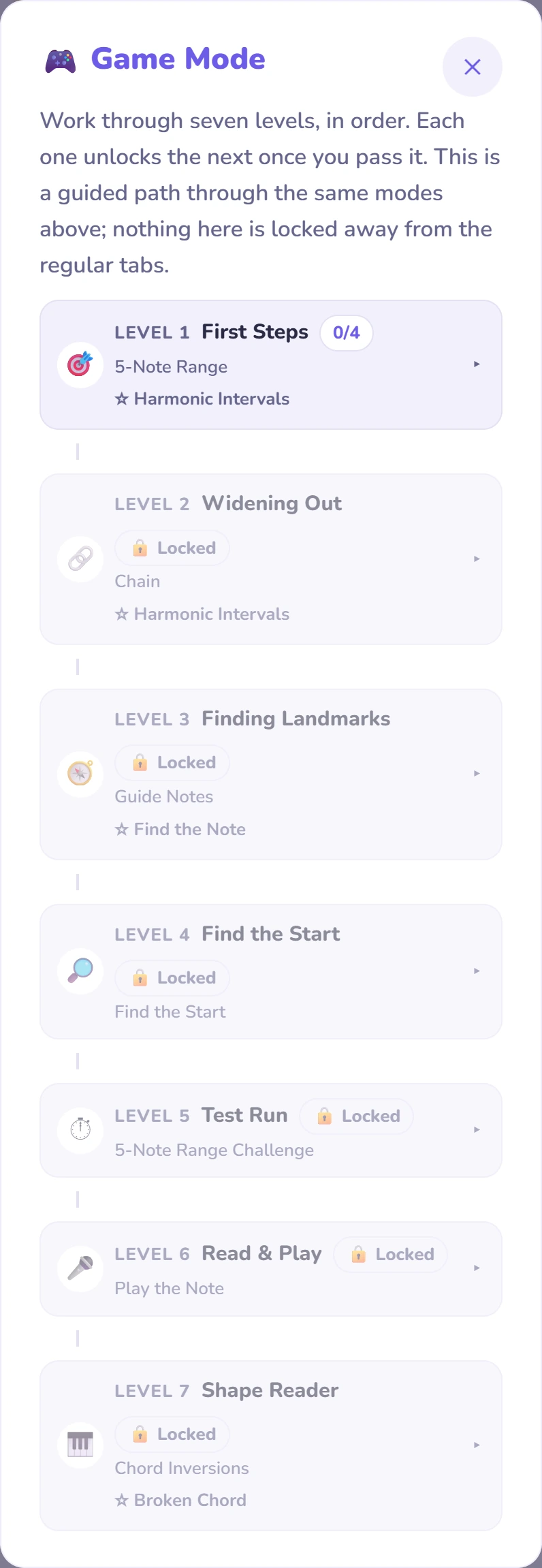 The Game Mode screen listing all seven levels