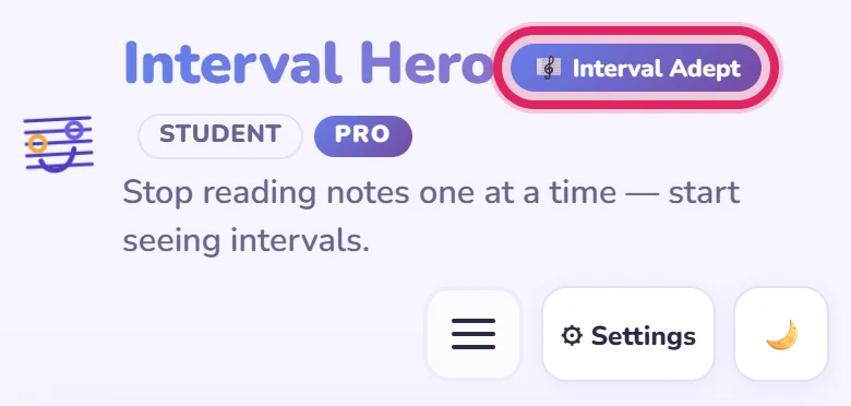 The app header with the Interval Adept rank badge circled in red, next to the Interval Hero title.