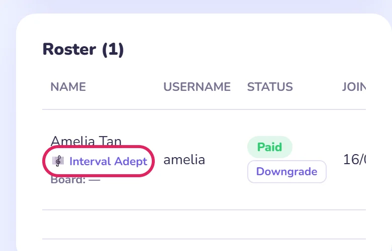 A roster row showing a student's rank
