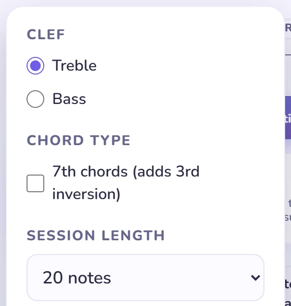 The Settings panel in Chord Inversions mode: Clef, Chord Type with the 7th chords box unticked, Session Length.