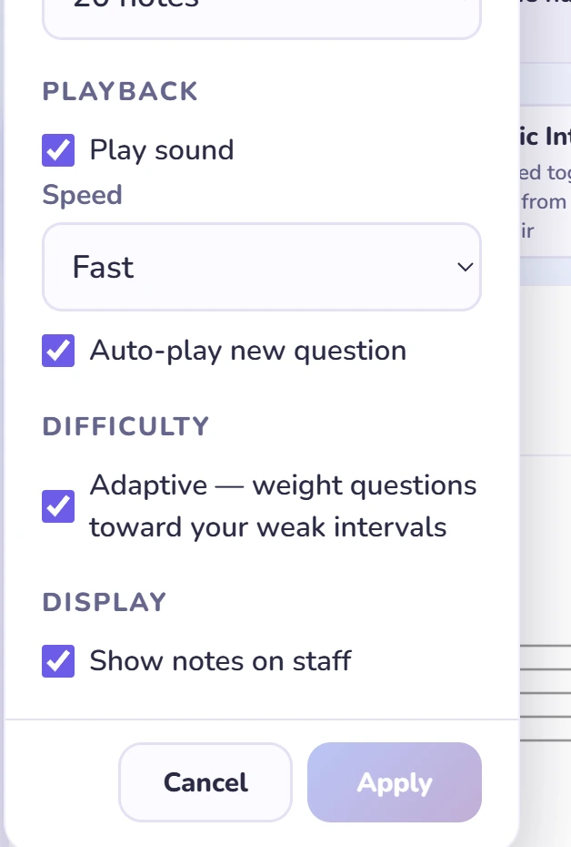 The lower part of the Settings panel: Playback with Play sound and Auto-play new question ticked and speed Fast, Adaptive difficulty ticked, Show notes on staff ticked, and the Cancel and Apply buttons underneath.