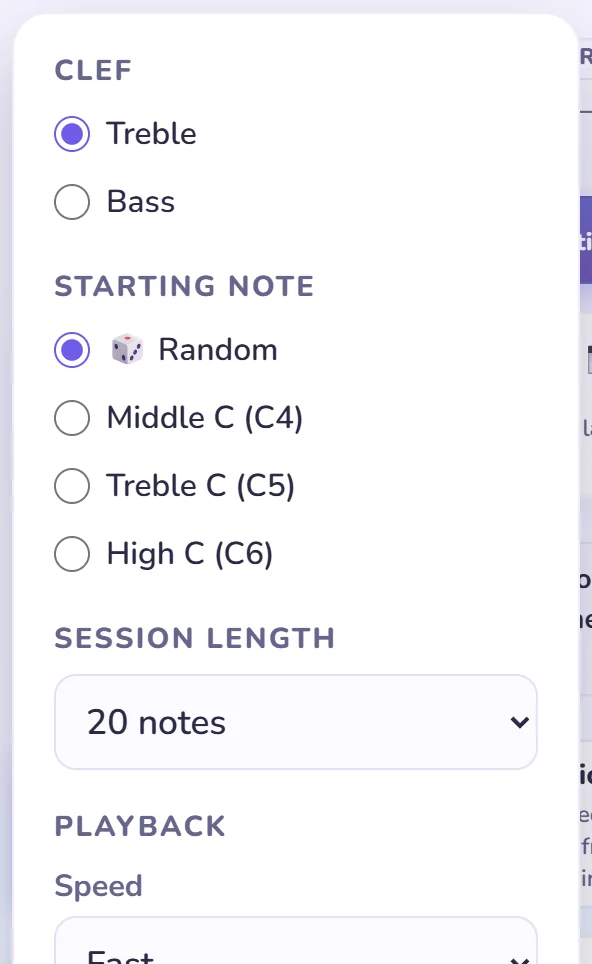 The Settings panel in 5-Note Range mode: Clef, Starting Note with Random selected, Session Length 20 notes, then Playback.