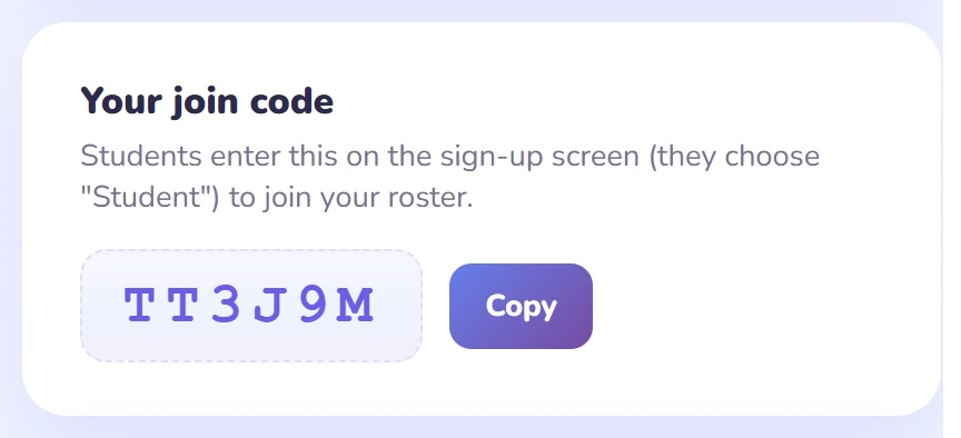 The join code card on the teacher dashboard